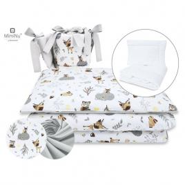 Miminu - set lenjerie patut 5 piese, cu pilota si perna, din bumbac, pentru patut 120x60 cm, forest friends beige