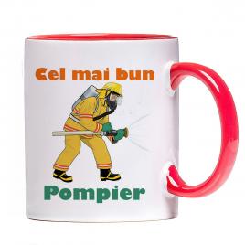 Cana personalizata ,Cel mai bun pompier,ceramica alba cu maner si interior rosu, 330 ml