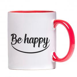 Cana personalizata Be happy,ceramica alba cu interior si maner colorat, 330 ml