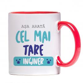 Cana personalizata Cel mai tare Inginer ,ceramica alba cu interior si maner colorat, 330 ml