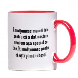 Cana personalizata Iti multumesc pentru ca esti ,ceramica alba cu interior si maner colorat, 330 ml