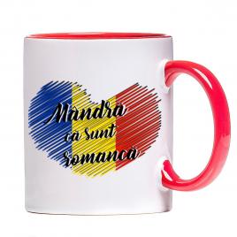 Cana personalizata Mandra ca sunt Romanca ,ceramica alba cu interior si maner colorat, 330 ml