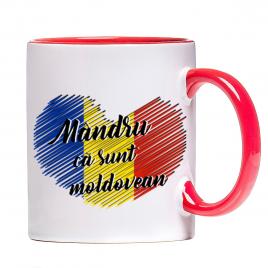Cana personalizata Mandru ca sunt Moldovean ,ceramica alba cu interior si maner colorat, 330 ml