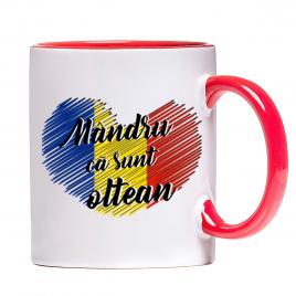 Cana personalizata Mandru ca sunt Oltean ,ceramica alba cu interior si maner colorat, 330 ml