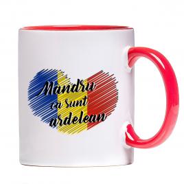 Cana personalizata Mandru ca sunt ardelean  ,ceramica alba cu interior si maner colorat, 330 ml