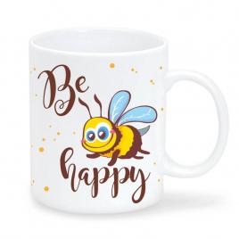 Cana personalizata be happy,ceramica alba , 330 ml