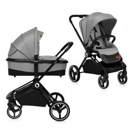 Lionelo - carucior compact mika, 2 in 1, cadru din aluminiu, cu landou intarit si salteluta moale, reversibil, maner ajustabil, huse pentru picioare, plasa de tantari, husa de ploaie, pana la 22 kg, gri deschis