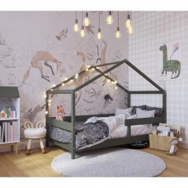 Patut tip casuta yappyhytte bed din lemn certificat fsc, transformabil in casuta de joaca, cu bariera de protectie, in stil scandinav, yappy kids, 160x80 cm, verde