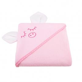 Qmini - prosop cu gluga cu urechi, din bumbac, 80x80 cm, pink piggy