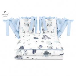 Miminu - lenjerie patut cu 4 piese, cu doua protectii laterale, baby shower blue, din bumbac, pentru patut 120x60 cm