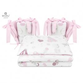 Miminu - lenjerie patut cu 4 piese, cu doua protectii laterale, baby shower pink, din bumbac, pentru patut 120x60 cm