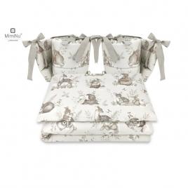 Miminu - lenjerie patut cu 4 piese, cu doua protectii laterale, design, calm forest beige, din bumbac, pentru patut 120x60 cm