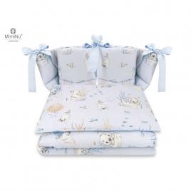 Miminu - lenjerie patut cu 4 piese, cu doua protectii laterale, design, seal blue, din bumbac, pentru patut 120x60 cm