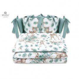 Miminu - lenjerie patut cu 4 piese, cu doua protectii laterale, sweet deer mint, din bumbac, pentru patut 120x60 cm