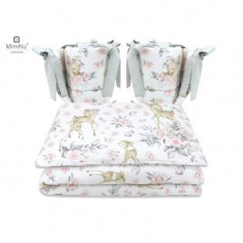 Miminu - lenjerie patut cu 4 piese, cu doua protectii laterale, sweet deer pink, din bumbac, pentru patut 120x60 cm