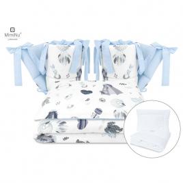 Miminu - set lenjerie patut cu 6 piese, cu pilota si perna, cu doua aparatori laterale, din bumbac, pentru patut 120x60 cm, baby shower blue