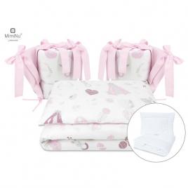 Miminu - set lenjerie patut cu 6 piese, cu pilota si perna, cu doua aparatori laterale, din bumbac, pentru patut 120x60 cm, baby shower pink