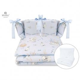 Miminu - set lenjerie patut cu 6 piese, cu pilota si perna, cu doua aparatori laterale, din bumbac, pentru patut 120x60 cm, design, seal blue