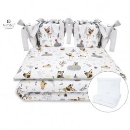 Miminu - set lenjerie patut cu 6 piese, cu pilota si perna, cu doua aparatori laterale, din bumbac, pentru patut 120x60 cm, forest friends beige