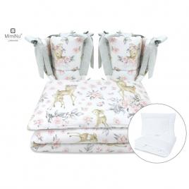 Miminu - set lenjerie patut cu 6 piese, cu pilota si perna, cu doua aparatori laterale, din bumbac, pentru patut 120x60 cm, sweet deer pink