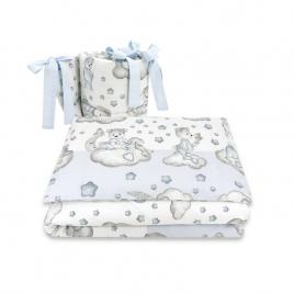 Qmini - lenjerie patut 3 piese, cu protectie laterala, din bumbac, pentru patut 120x60 cm, teddy bear with blue heart