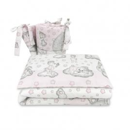 Qmini - lenjerie patut 3 piese, cu protectie laterala, din bumbac, pentru patut 120x60 cm, teddy bear with pink heart