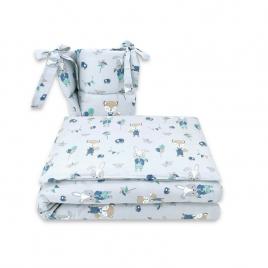 Qmini - lenjerie patut 3 piese, cu protectie laterala, din bumbac, pentru patut 140x70 cm, fox and rabbit, blue