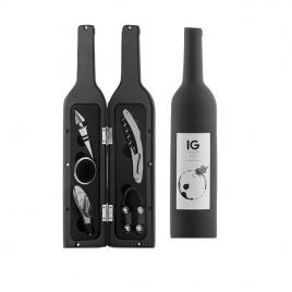 Set 5 accesorii pentru vin, InnovaGoods, include taietor de sigilii, tirbuson, dop pentru vin, inel antipicurare, dispozitiv turnare, plus geanta pastrare tip sticla cu inchidere magnetica