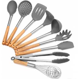 Set 9 ustensile de bucatarie din silicon cu maner din lemn, HKG0096