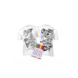 Set doua tricouri de colorat, Super Hero si Om de zapada, 6 carioci lavabile, 7-8 ani, 128 cm, Splat Planet