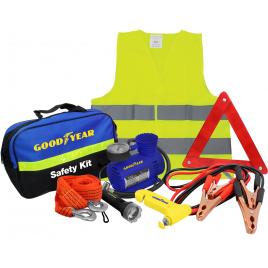Kit Safety auto GOODYEAR 8 piese (lampa,vesta,triunghi,cablu de tractare,cablu de curent,mini compresor,etc)