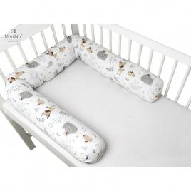 Miminu - aparatoare tip rulou pentru patut, lungime 180 cm, din bumbac, cu diametru de 10 cm, forest friends beige