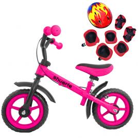 Bicicleta cu echipament protectie si frana de mana, Fara pedale, Pentru copii 2-6 ani, 12 inch, Roz