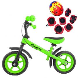 Bicicleta cu echipament protectie si frana de mana, Fara pedale, Pentru copii 2-6 ani, 12 inch, Verde