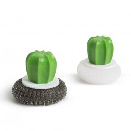 Set burete de spalat vase din fibre de otel/plastic - 2 buc. - model cactus - 8.5 x 8 cm