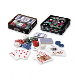 Set poker cu 100 chips poker in cutie metalica, buton dealer, jetoane 4 culori de 1, 5 10 si 25,  2 carti joc