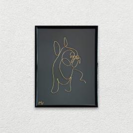 Bulldog, tablou sculptura din fir continuu de sarma placata cu aur, 19×25 cm