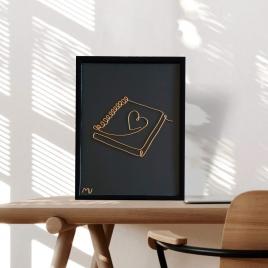 Dragoste de carte, tablou din fir continuu de sarma placata cu aur, 16×21 cm