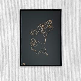 Om si caine, tablou sculptura din fir continuu de sarma placata cu aur, 22×31 cm-cod 2337