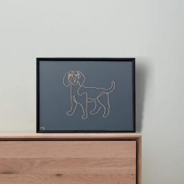Tablou catel beagle, sculptura din fir continuu de sarma placata cu aur, 19×25 cm