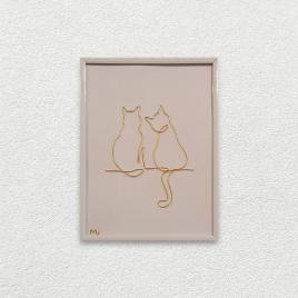 Tablou cu 2 pisicute, sculptura din fir continuu de sarma placata cu aur, 19×25 cm