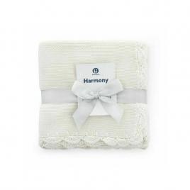 Petite&mars - paturica tricotata harmony, cu margini crosetate, dimensiune 80x100 cm, 100% bumbac, alb