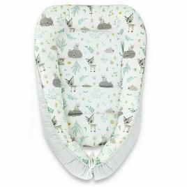 Miminu - cosulet bebelus pentru dormit, baby cocoon 75x55 cm, husa 100% bumbac, forest friends grey/mint