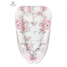 Miminu - cosulet bebelus pentru dormit, baby cocoon 75x55 cm, husa 100% bumbac, pink/peonies pink