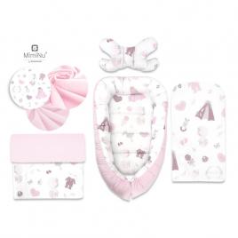 Miminu - set 4 in 1 cosulet bebelus baby cocoon 90x50 cm, husa 100% bumbac, cu paturica cu doua fete 50x70 cm, cu salteluta 60x32 cm, cu perna fluture cu doua fete 40x27 cm, baby shower pink