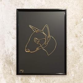 Tablou caine bull terrier, sculptura din fir continuu de sarma placata cu aur,19×25 cm