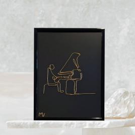 Tablou pianist, sculptura din fir continuu de sarma placata cu aur, 16×21 cm