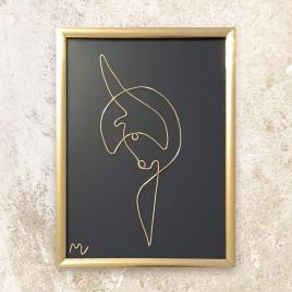 Tablou zodia capricorn, sculptura din fir continuu de sarma placata cu aur, 14×19 cm