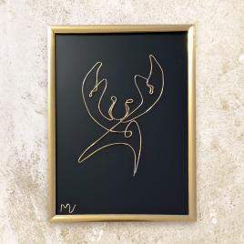 Tablou zodia rac, sculptura din fir continuu de sarma placata cu aur, 14×19 cm