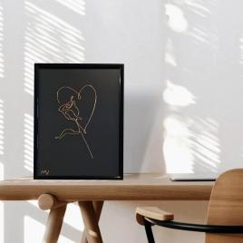 Trandafir cu inimioara, tablou fir continuu de sarma placata cu aur, 16×21 cm